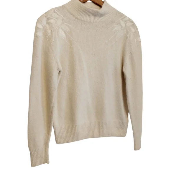 Vtg Distinction Large Silk Angora Off White Knit Lambs Wool Embroidered Sweater - Picture 2 of 14